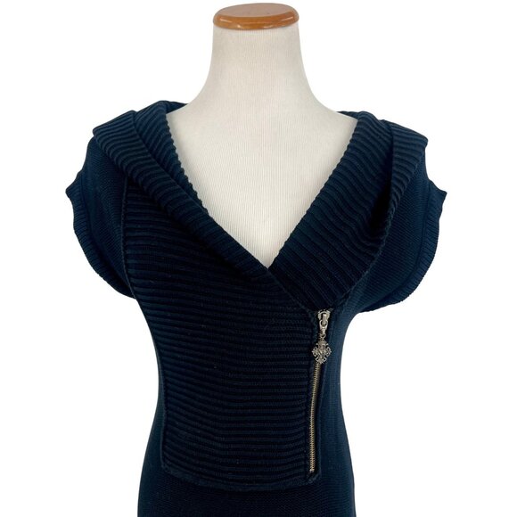 VTG Y2K GUESS Black Ribbed Hooded Mini Dress | 90s Dark Croquette Baddie Indie M - Picture 3 of 16